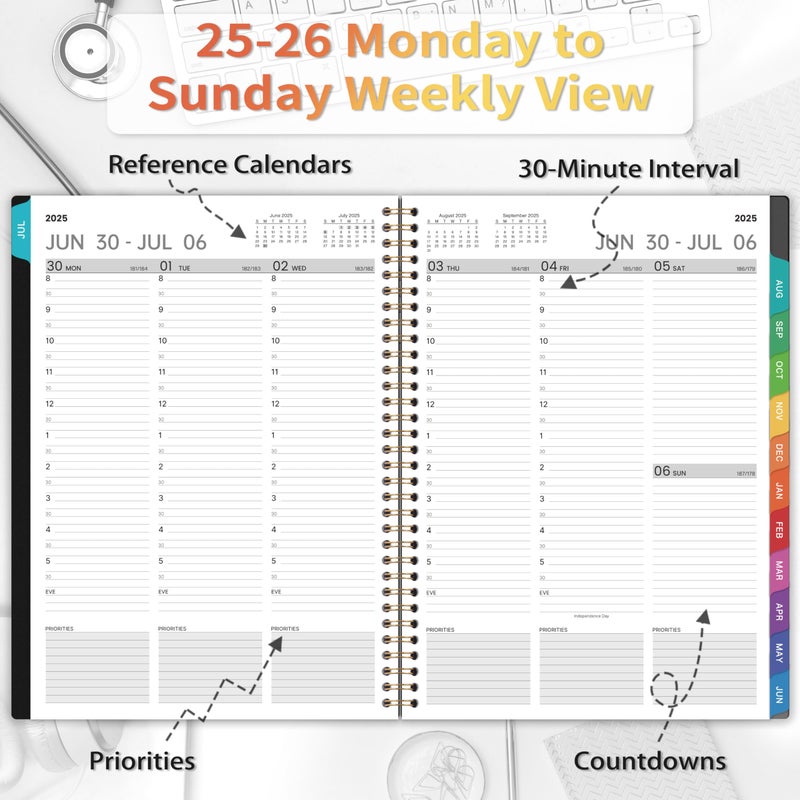 BooQool 2025-2026 Appointment Book/Planner - 2025-2026 Academic Planner Large 9"" x 11"", July 2025 - June 2026, Daily Hourly Planner with 30-Minute Interval, Weekly Monthly Planner, Colorful Monthly Tabs, Inner Pocket - Black - Image 4